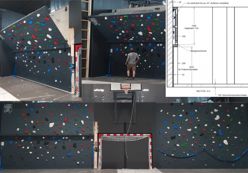 Große Kippwand in Turnsaalverkleidung integriert
